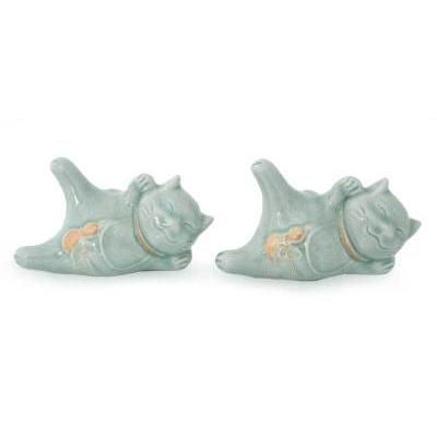 'Lucky Cats at Play' (pair) - Celadon Ceramic Sculptures