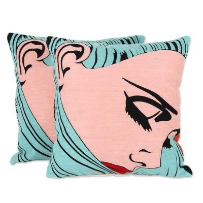 Nostalgia,'Comic Book-Style Embroidered Cotton Cushion Covers (Pair)'