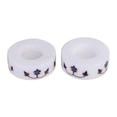 Floral Symmetry in Blue,'Round Marble Tealight Holder with Blue Blooming Buds (Pair)'