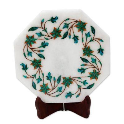Ivy Garland,'Green Floral Marble Inlay Decorative Plate from India'