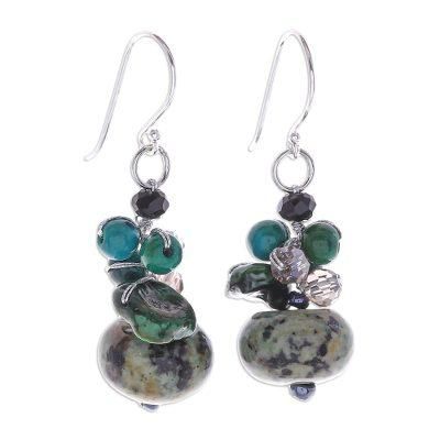 Spring Moss,'Multi Gemstone Dappled Green Beaded Dangle Earrings'