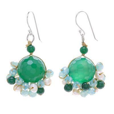 Vivid Dream in Green,'Green Quartz and Freshwater Pearl Dangle Earrings'