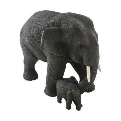 Elephant Mother,'Elephant Mother and Child Hand Carved Teak Figurine'