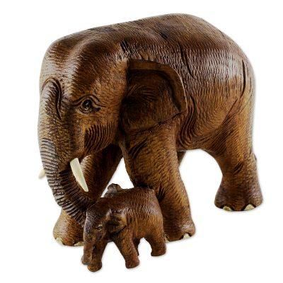 Love and Care in Brown,'Brown Teak Wood Sculpture of Mother and Child Thai Elephants'