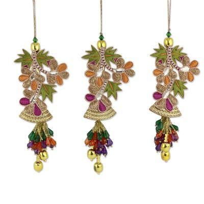 Beaded ornaments, 'Bells and Mistletoe' (set of 3)