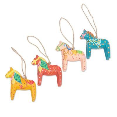 Dala Cheer,'Set of 4 Artisan-Painted Christmas Horse Ornaments'