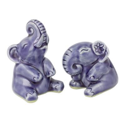 'Happy Blue Elephants' (pair) - Hand Crafted Celadon Ceramic Sculptures