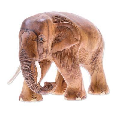 'Hand-Carved Teak Wood Elephant Sculpture from Thailand'