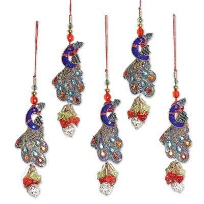 'Mughal Peacocks' (set of 5) - Handcrafted Hand Beaded Christmas Ornaments