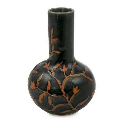 Celadon ceramic vase, 'Forest Blooms'