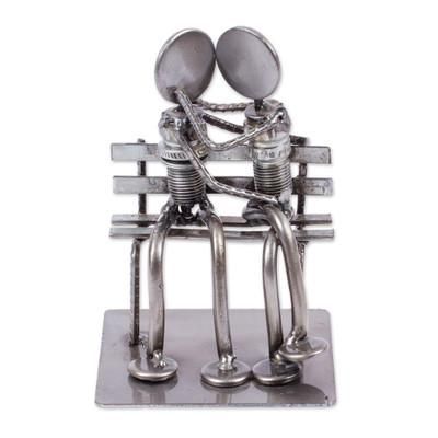 'Park Bench Sweethearts' - Romantic Recycled Metal Sculpture from Mexico