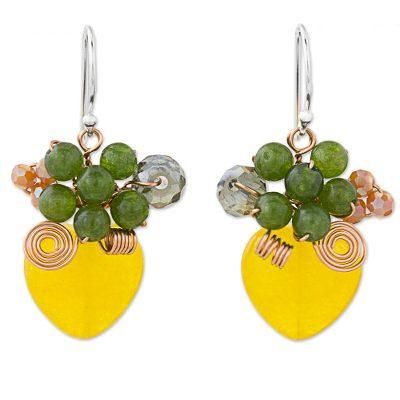 Love Garden in Yellow,'Heart Shaped Yellow Quartz and Glass Bead Dangle Earrings'