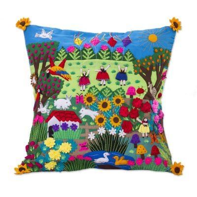 Spring Fun,'Fair Trade Folk Art Patterned Applique Cushion Cover'