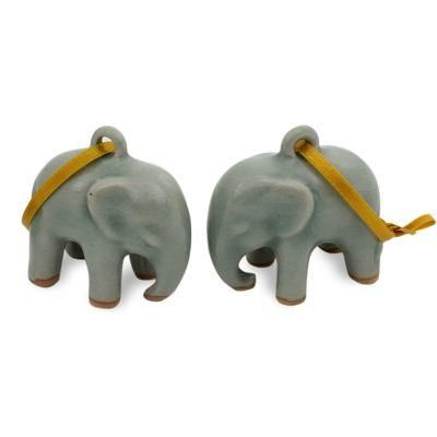 Light Blue Elephant,'Crackled Green Celadon Ceramic Ornaments (Pair)'