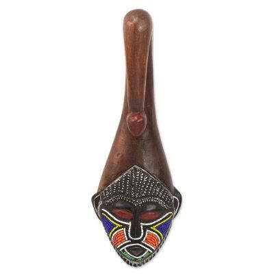 Scorpion Face,'Brown Wood Aluminum Recycled Glass Bead African Mask Ghana'