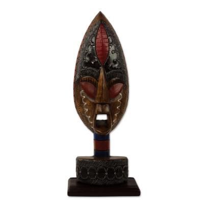 Warrior of Africa,'Hand Carved Wood African Warrior Mask on Stand'