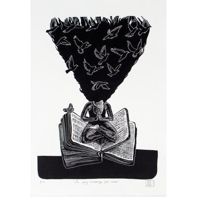 Peace Begins At Home,'World Peace Project Linoleum Block Print Meditating Woman'