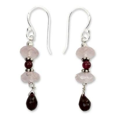 Romancing Love,'Garnet and rose quartz dangle earrings'