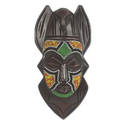 Dove Anoma Ba,'Recycled Glass Beaded African Wood Dove Mask from Ghana'