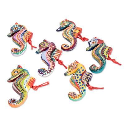 Seahorse Squadron,'Set of 6 Ceramic Seahorse Ornaments Handmade in Guatemala'