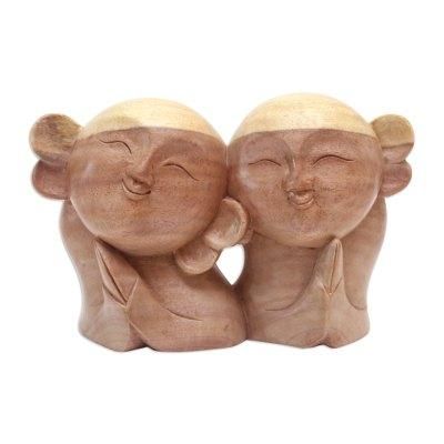 Twin Jizo,'Artisan Crafted Wood Sculpture'