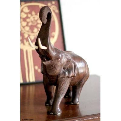 Wood sculpture, 'Trumpeting Elephant'