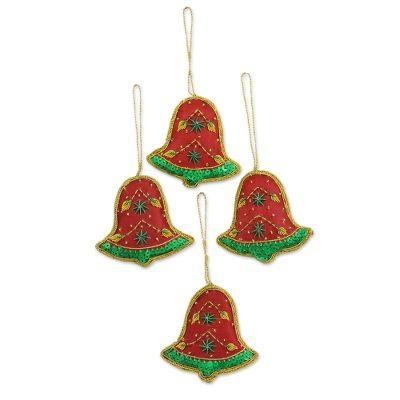 Vibrant Bells,'Set of Four Red Green Sequin Beaded Holiday Bell Ornaments'