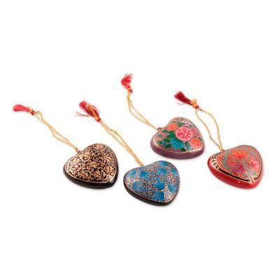 Season of Love,'4 Floral Hearts Artisan Crafted Papier Mache Ornaments Set'