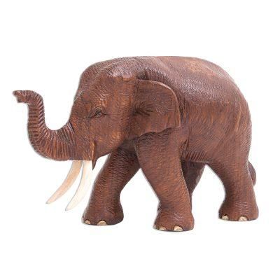 Savannah Trek,'Artisan Crafted Teak Wood Elephant Statuette (Right)'