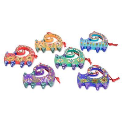 Hypnotic Felines,'Set of 6 Handcrafted Ceramic Ornaments with Colorful Cats'