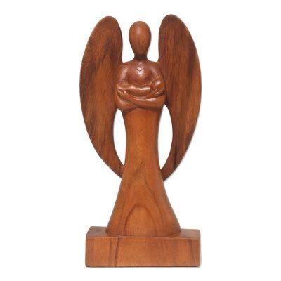 Guardian Angel,'Hand Carved Wood Angel and Baby Sculpture'