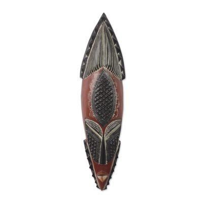 Ghanaian Ahoufe,'Sese Wood and Aluminum Wall Mask Hand Carved in Ghana'