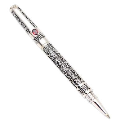 Balinese Love Song,'Keepsake Sterling Silver Ballpoint Pen with Red Garnet'