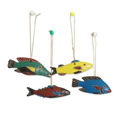 'Set of 4 Hand-Painted Colorful Sese Wood Fish Ornaments'