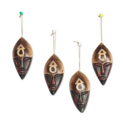 'Set of 4 Hand-Painted Brown and Black Sese Wood Ornaments'