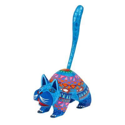 Alebrije sculpture, 'Blue Cat Greeting'