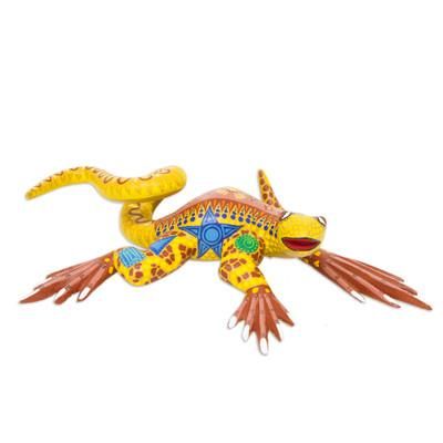 'Rainbow Iguana' - Hand Crafted Mexican Folk Art Yellow Lizard Sculpture