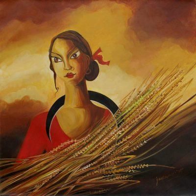 'Neo?ûMarxian I' Indian Woman's Portrait in Signed Acrylic on Canvas
