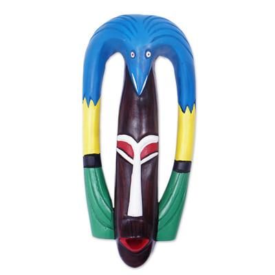 Bird Essence,'Hand-Painted African Wood Mask with Bird Accent on Top'