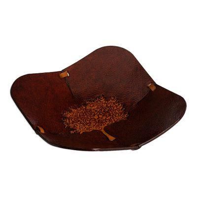 Blooming Tree,'Brown Tree Motif Hand Tooled Leather Catchall from Peru'
