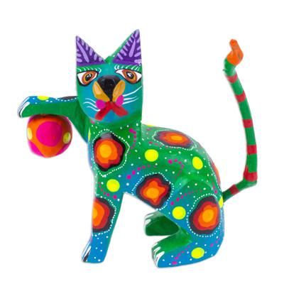 Feline Sport in Green,'Painted Green Copal Wood Alebrije Cat Figurine with Ball'