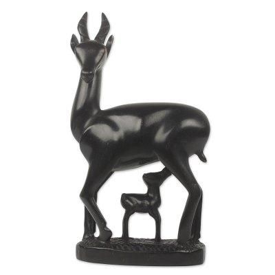 Teakwood sculpture, 'Deer Mother and Child'