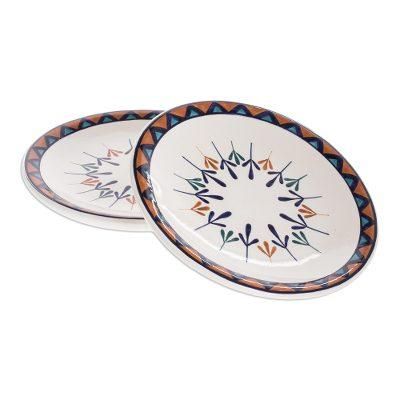 'Two Off-White Ceramic Luncheon Plates with Geometric Design'