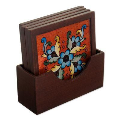 Morning Flowers,'Artisan Crafted Glass and Wood Coasters (Set of 4)'