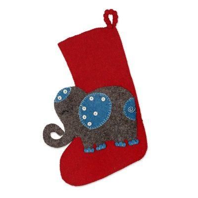 Festive Elephant in Red,'Handmade Wool Christmas Stocking'