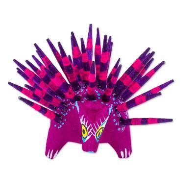 'Hand-Painted Wood Alebrije Porcupine Figurine in Purple'