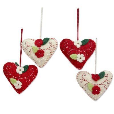 Wool felt ornaments, 'Joyful Hearts' (set of 4)