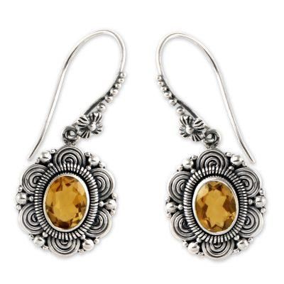 Balinese Sunflower,'Floral Sterling Silver and Citrine Dangle Earrings'