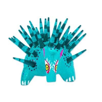 'Hand-Painted Wood Alebrije Porcupine Figurine in Jade Green'