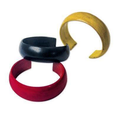 Annula,'Red Black Yellow Leather Cuff Bracelet Trio (Set of 3)'